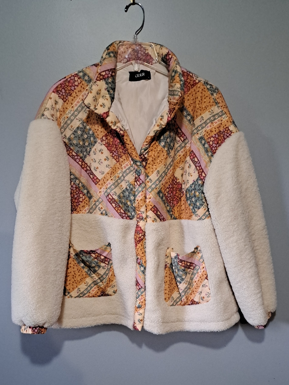 Cider Cream Sherpa Jacket with Multicolor Patchwork. Cottagecore.